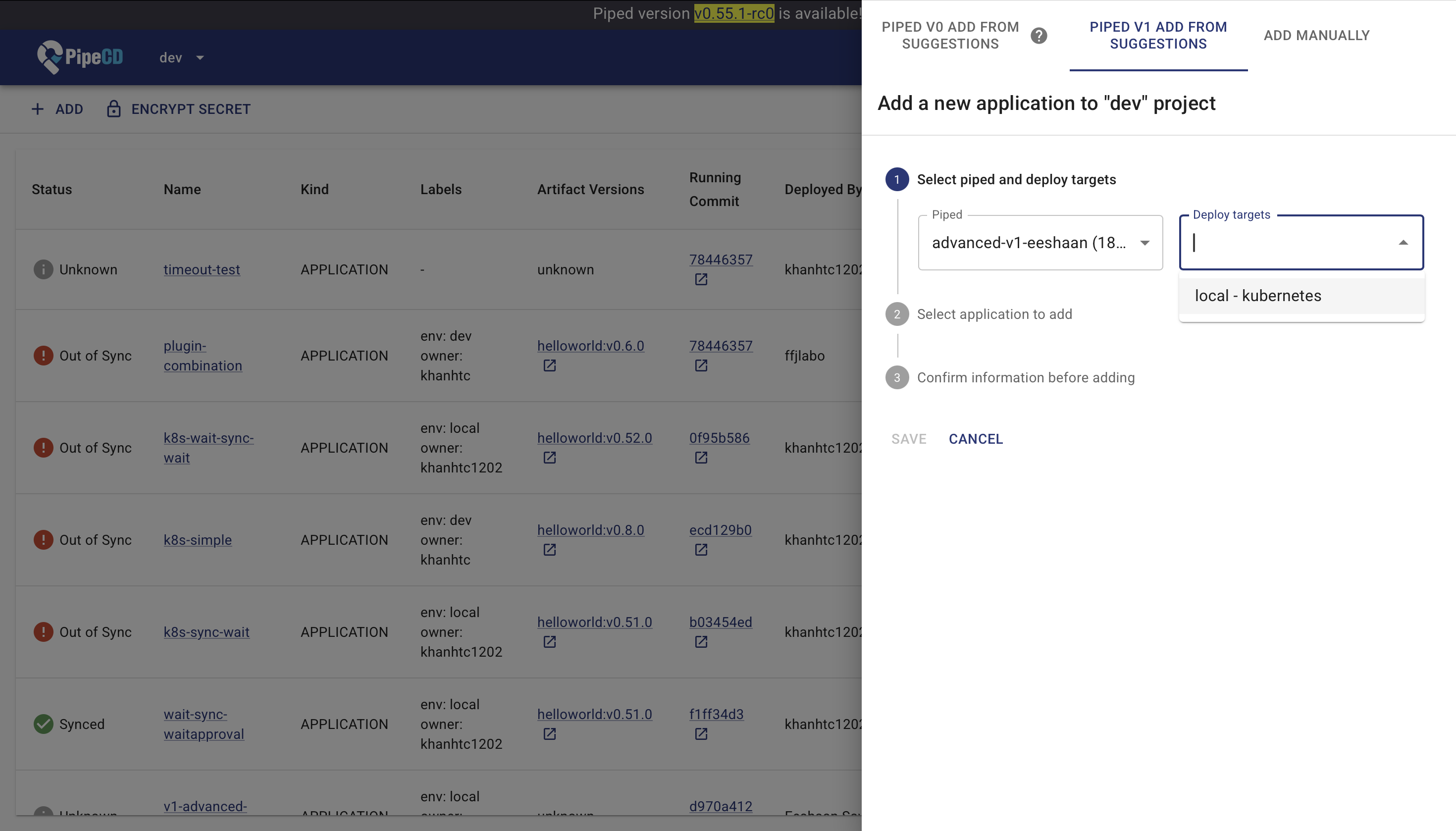 Registering an Application from Suggestions: PipeCD v1